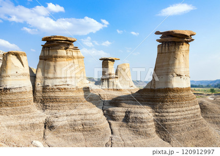 Sandstone hoodoos created by erosion in scenic badlands in summer. Sandstone hoodoos created by erosion in scenic badlands in summer. 120912997