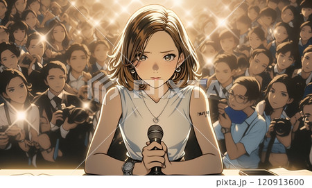 取材陣から共同インタビューを受けている若い女性（タレント）