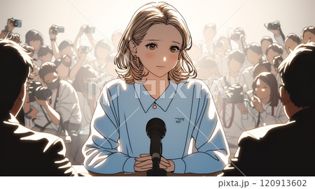 取材陣から共同インタビューを受けている若い女性（タレント）