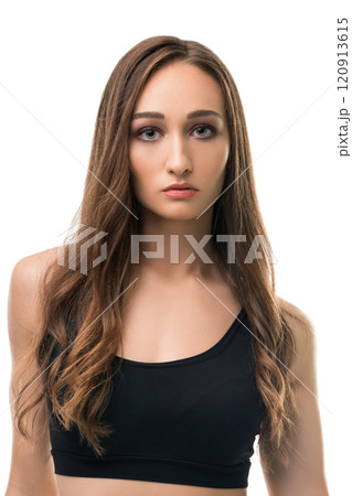 Slim girl in black top and shorts isolated view Slim girl in black top and shorts isolated view 120913615
