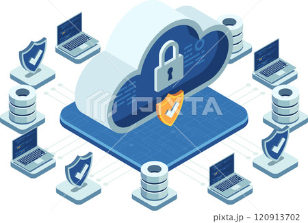 Isometric Cloud Security Concept with Data Protection Elements 120913702