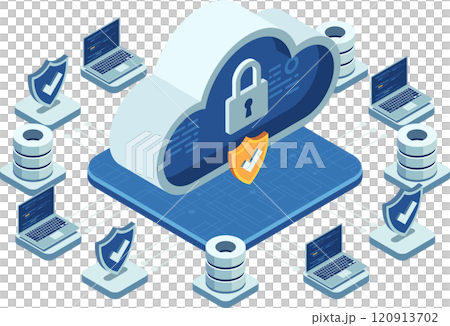 Isometric Cloud Security Concept with Data Protection Elements 120913702