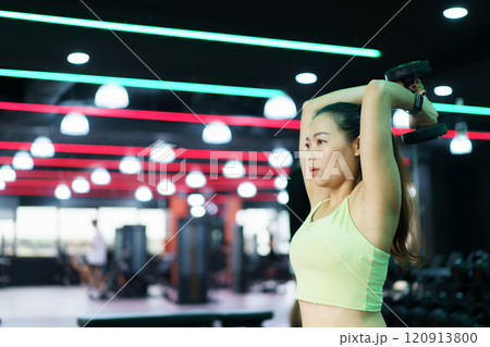 Active Asian sportswoman doing a weight training workout in indoor gym, Asian beautiful woman lifting a dumbbell. 120913800