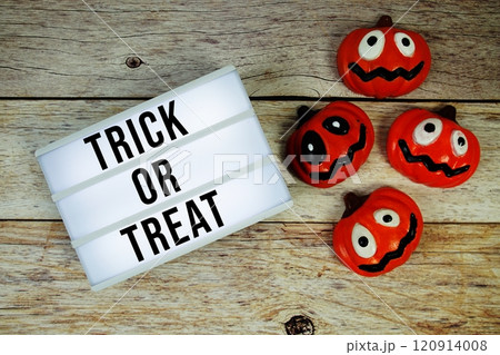 Trick or Treat text in lightbox with pumpkins decoration on wooden background Trick or Treat text in lightbox with pumpkins decoration on wooden background 120914008