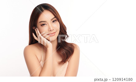 Beautiful young asian woman with clean fresh skin on white background, Face care, Facial treatment, Cosmetology, beauty and spa, Asian women portrait. 120914180