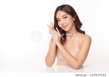 Beautiful young asian woman with clean fresh skin on white background, Face care, Facial treatment, Cosmetology, beauty and spa, Asian women portrait. 120914181