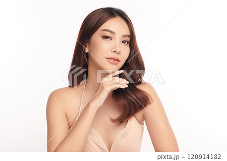 Beautiful young asian woman with clean fresh skin on white background, Face care, Facial treatment, Cosmetology, beauty and spa, Asian women portrait. 120914182