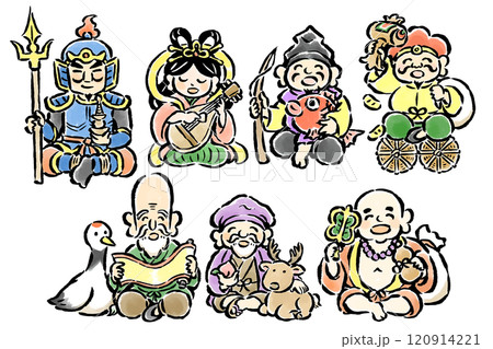 七福神　筆タッチ手描き　座りポーズイラストセット	 120914221