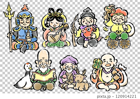 七福神　筆タッチ手描き　座りポーズイラストセット	 120914221