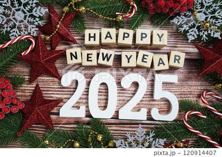 Happy new year 2025 holidays celebration with christmas decorations background Happy new year 2025 holidays celebration with christmas decorations background 120914407