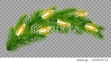 Christmas garland on realistic lush green fir branches on transparent background. For seasonal Christmas, New Year designs, holiday event, greeting cards, banners, posters. Vector illustration Christmas garland on realistic lush green fir branches on transparent background. For seasonal Christmas, New Year designs, holiday event, greeting cards, banners, posters. Vector illustration 120914712