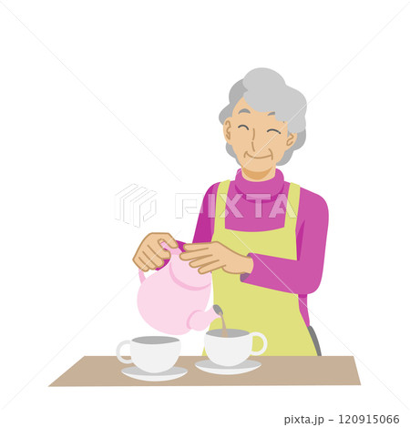 紅茶をカップに注ぐシニア女性 120915066