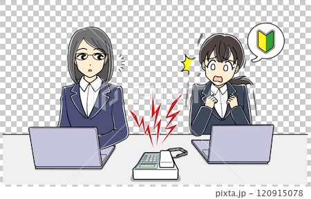 Telephone phobia: A new female employee is frightened by the ringing of the phone and a woman with glasses is watching her Telephone phobia: A new female employee is frightened by the ringing of the phone and a woman with glasses is watching her 120915078