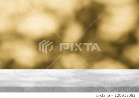 Empty Marble Table with Gold Bokeh on Concrete Wall Background for Product Presentation. Empty Marble Table with Gold Bokeh on Concrete Wall Background for Product Presentation. 120915082