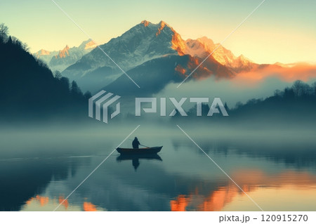 Serene morning rowing adventure in majestic mountain lake nature photography tranquil waters reflective sunrise view 120915270