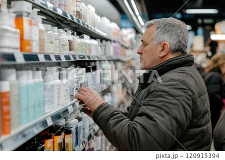 Man examining personal care products in retail store indoor environment consumer behavior close-up view everyday choices 120915394