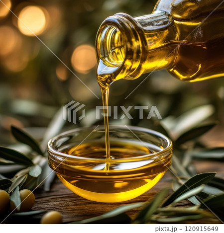 Olive oil pouring in a rustic kitchen culinary art cozy atmosphere close-up natural ingredients for healthy cooking Olive oil pouring in a rustic kitchen culinary art cozy atmosphere close-up natural ingredients for healthy cooking 120915649