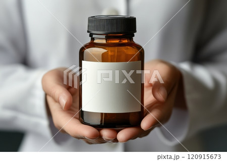 Pharmaceutical scientist holding prescription medicine laboratory product photography clinical environment close-up health awareness Pharmaceutical scientist holding prescription medicine laboratory product photography clinical environment close-up health awareness 120915673