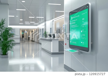 Interactive digital information display modern hospital lobby digital signage clean environment wide angle view healthcare technology Interactive digital information display modern hospital lobby digital signage clean environment wide angle view healthcare technology 120915727