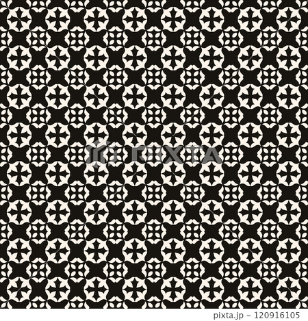 Vector black and white floral seamless pattern. Abstract minimal geometric ornament with flowers in oriental style. Simple monochrome background. Vector black and white floral seamless pattern. Abstract minimal geometric ornament with flowers in oriental style. Simple monochrome background. 120916105