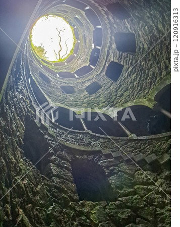 Initiation Well (Inverted tower) at park of Quinta da Regaleira palace in Sintra, Portugal Initiation Well (Inverted tower) at park of Quinta da Regaleira palace in Sintra, Portugal 120916313