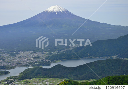 春の御坂山地　新道峠より富士山と河口湖の眺め 120916607