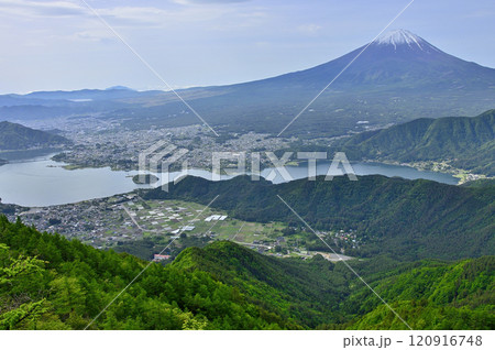 御坂山地の中藤山より　春の富士山を望み河口湖を見下ろす 120916748