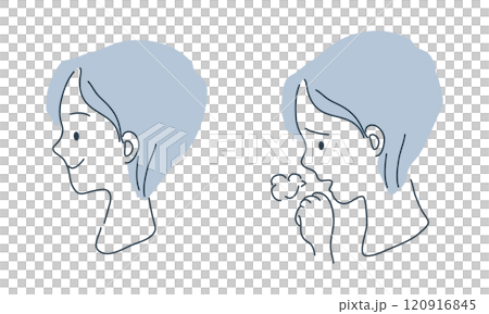 健康な女性と体調の悪い女性の横顔の線画イラストセット 120916845