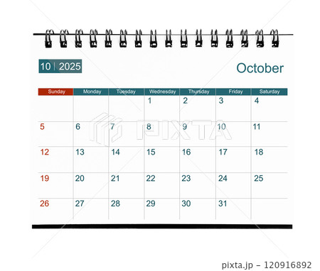 October 2025 calendar. Page of the annual business desk month calendar isolated on white. 120916892