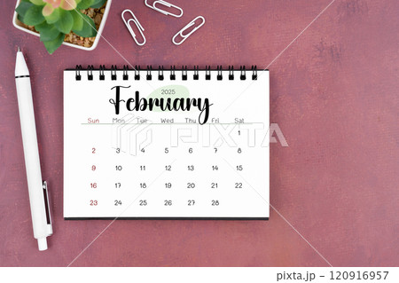 February desk calendar for 2025 year and pen on old red cover. Flat lay. 120916957