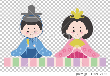 かわいいひな人形のイラスト。ベクター、雛飾り、ひな祭り、桃の節句 120917156