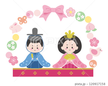 かわいいひなまつりのフレーム。ベクター、雛飾り、ひな祭り、桃の節句 120917158
