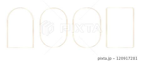 Collection of thin linear gold luxury frames. Rectangle, arch, oval elegant border with decorative elements for certificate, wedding invitation, greeting card, poster. Vector illustration Collection of thin linear gold luxury frames. Rectangle, arch, oval elegant border with decorative elements for certificate, wedding invitation, greeting card, poster. Vector illustration 120917281