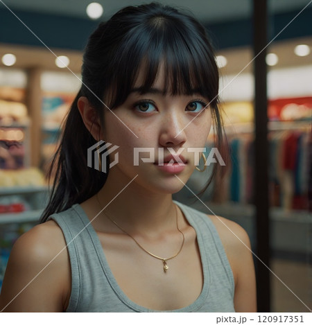 買い物する黒髪のアジア人女性のポートレート 120917351
