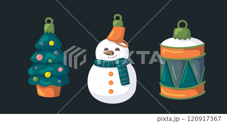Traditional Christmas tree toys. Christmas tree, snowman, drum. Vector retro illustration. Traditional Christmas tree toys. Christmas tree, snowman, drum. Vector retro illustration. 120917367