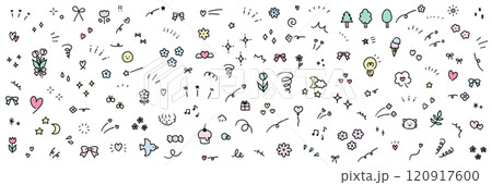手書きの飾りイラストのベクターイラストセット。手描き、集中線、注目、星、ハート、リボン 120917600