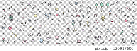 A vector illustration set of hand-drawn decorative illustrations. Hand-drawn, focused lines, attention, stars, hearts, ribbons 120917600
