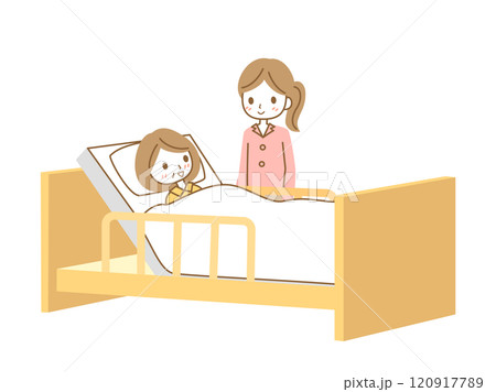 介護用ベットに寝ている女性と様子を見ている女性のイラスト 120917789