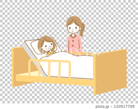 介護用ベットに寝ている女性と様子を見ている女性のイラスト 120917789