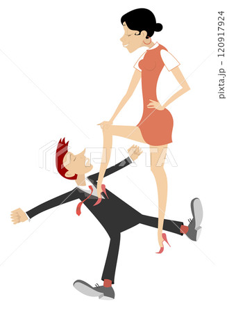 Love couple quarrel and fighting. Love concept.  Winning. Happy young woman put a foot on a chest of her boyfriend 120917924