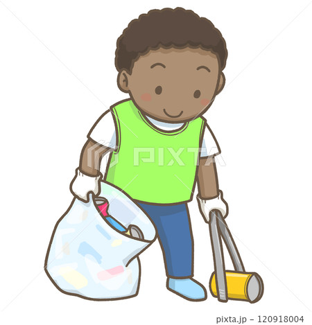 トングで空き缶を集めているボランティアの黒人の男の子 120918004