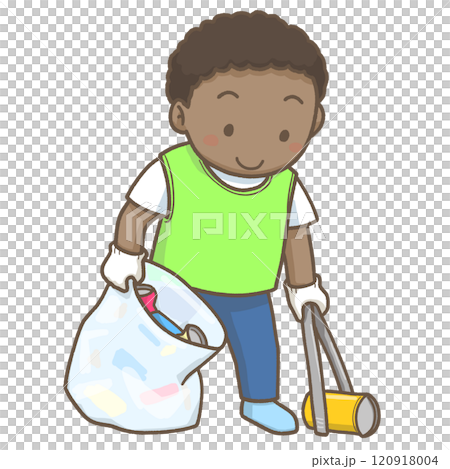 トングで空き缶を集めているボランティアの黒人の男の子 120918004