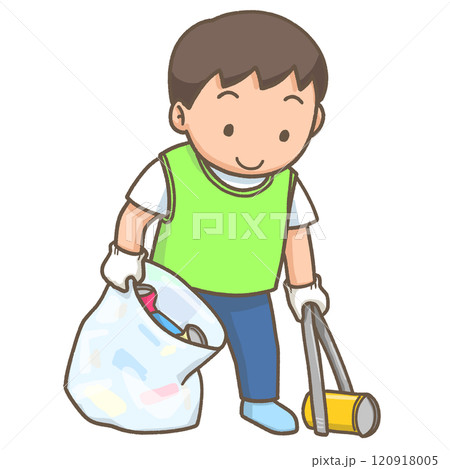 トングで空き缶を集めているボランティアの男の子 トングで空き缶を集めているボランティアの男の子 120918005