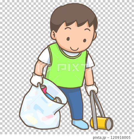 トングで空き缶を集めているボランティアの男の子 トングで空き缶を集めているボランティアの男の子 120918005