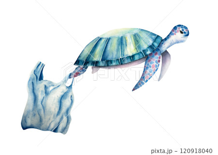 Plastic bag on sea turtle. Nice watercolor reptile, hand drawn illustration isolated on background. Agriculture, organic gardening, planting or ecology. Environmental, earth day. For designers 120918040