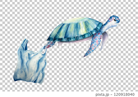 Plastic bag on sea turtle. Nice watercolor reptile, hand drawn illustration isolated on background. Agriculture, organic gardening, planting or ecology. Environmental, earth day. For designers 120918040