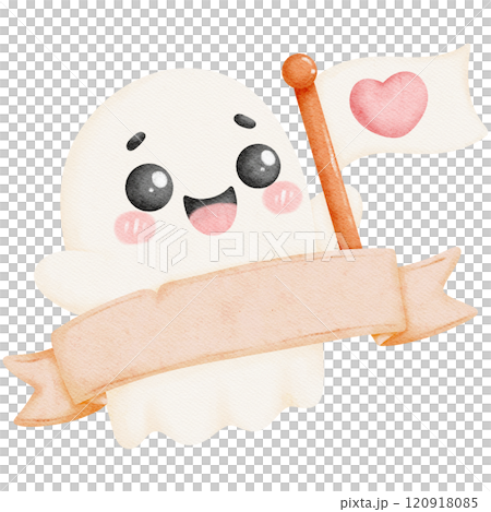 Valentine ghost holding a cheerful banner, capturing love and festive spirit in a cute, playful design. Perfect for valentine themes or romantic decoration. 120918085