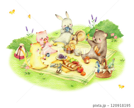 緑の野原でピクニックのお弁当を食べる動物たち 手描き色鉛筆画 緑の野原でピクニックのお弁当を食べる動物たち 手描き色鉛筆画 120918195