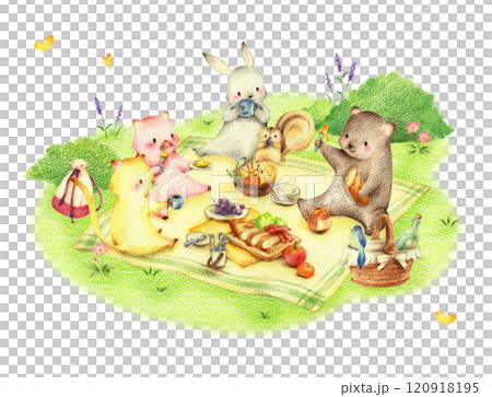 動物在綠地吃野餐午餐，手繪色鉛筆畫 120918195