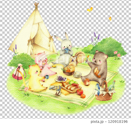 動物在綠地的帳篷前吃野餐午餐,手繪彩色鉛筆畫 動物在綠地的帳篷前吃野餐午餐,手繪彩色鉛筆畫 120918196